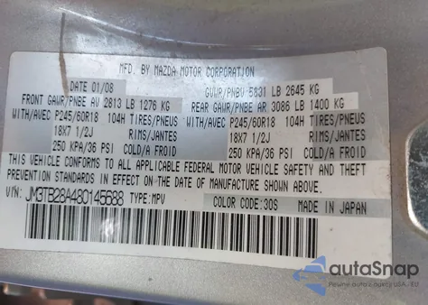 2008 Mazda Cx-9 Sport z USA, uszkodzony, nr VIN JM3TB28A480145688